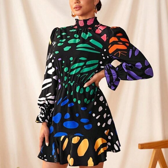 Multicolor Boho Womens Floral Print Ruffled Hem Short Dress With Long Sleeves - Picture 1 of 6